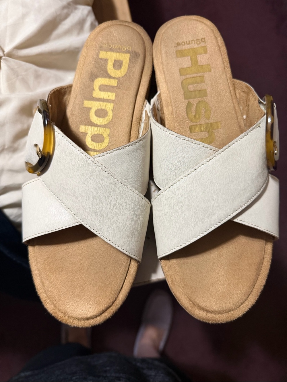 Hush Puppies Cream Crossband Slide Sandals with Tortoiseshell Buckle